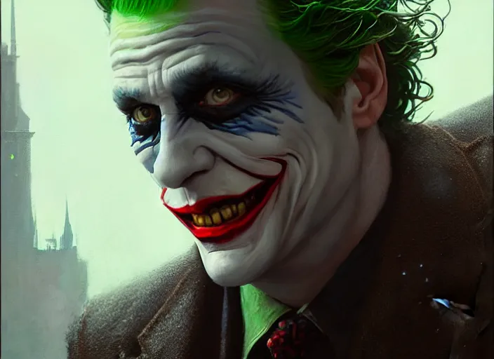 Image similar to highly detailed portrait of james spader as the joker, in batman comics, stephen bliss, unreal engine, fantasy art by greg rutkowski, loish, rhads, ferdinand knab, makoto shinkai and lois van baarle, ilya kuvshinov, rossdraws, tom bagshaw, global illumination, radiant light, detailed and intricate environment