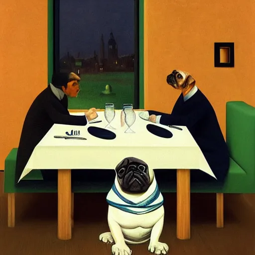 Image similar to a humanoid pug takes you out for a nice dinner by Raphael, Hopper, and Rene Magritte. detailed, romantic, enchanting, trending on artstation.