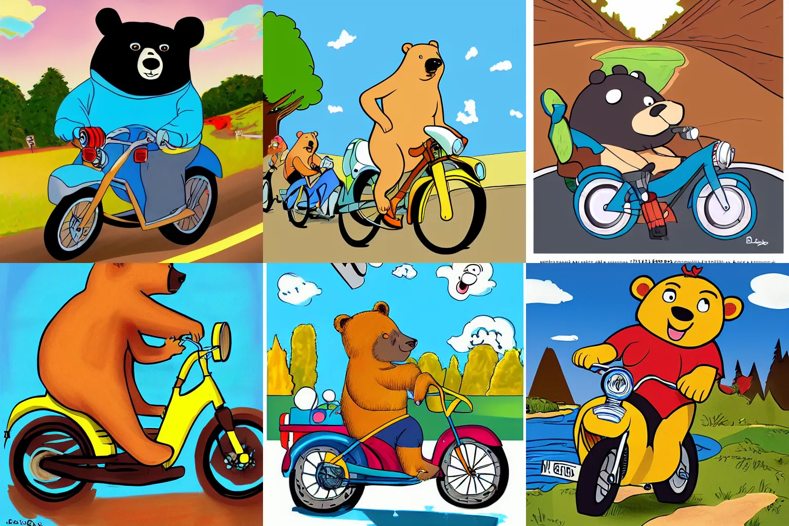 Prompt: bear driving a bike on a sunny day, Hanna Barbera, digital art,