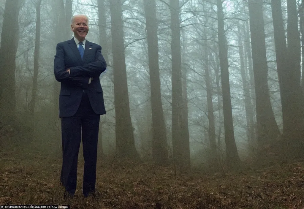 Image similar to low quality iphone photo of joe biden standing ominously deep in the foggy woods with a demonic smile in his face, low visibility creepy