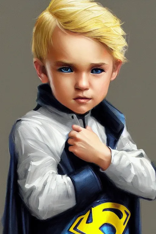 Prompt: a little boy with a michievous face and blonde hair. he is dressed as a superhero. clean elegant painting, beautiful detailed face. by artgerm and greg rutkowski