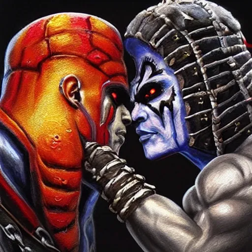 Image similar to kotal khan and quan chi from mortal kombat kissing, love wins, beautiful oil painting