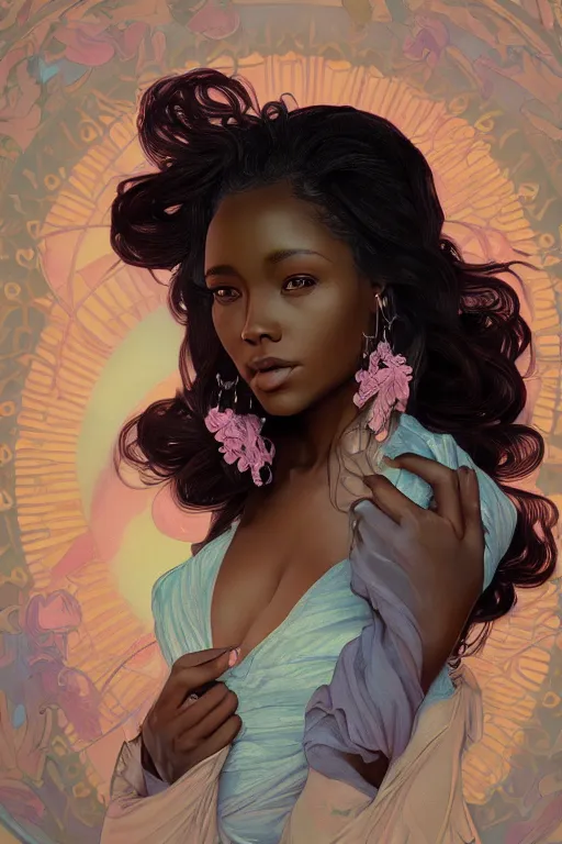 Image similar to beautiful black woman with gorgeous pastel balayage hairstyle, as seen on artgerm, octane render, in the style of alphonse mucha, ultra realistic, highly detailed, 8 k