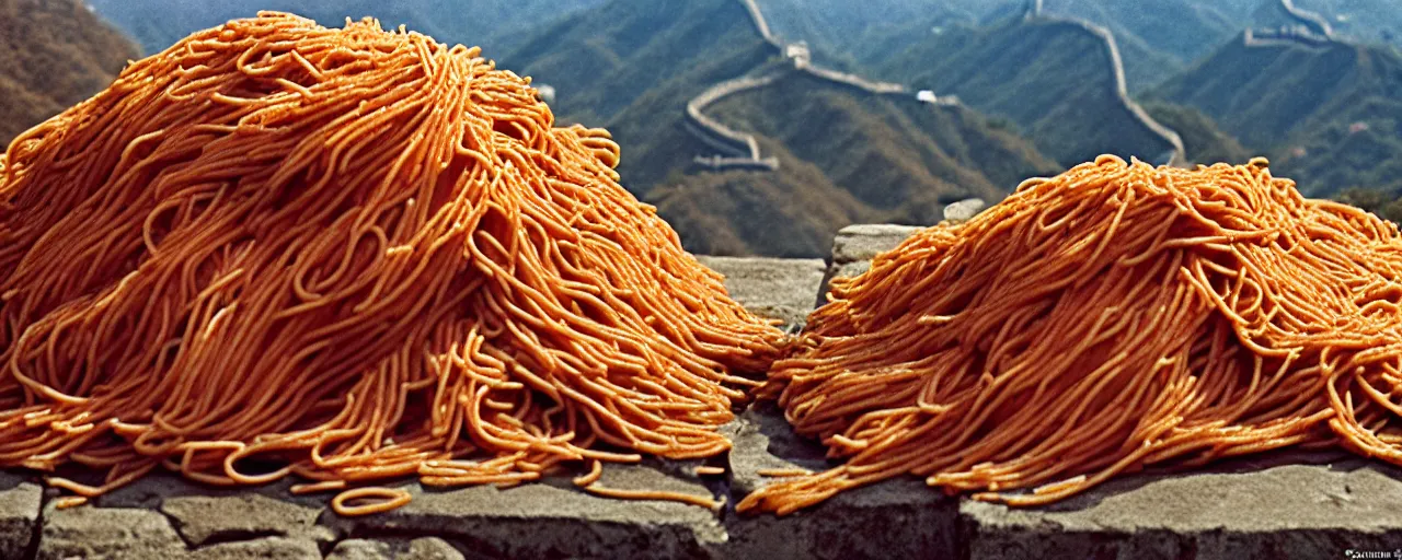 Image similar to pile of spaghetti at the great wall of china, fine detail, canon 5 0 mm, in the style of galen rowell, kodachrome,