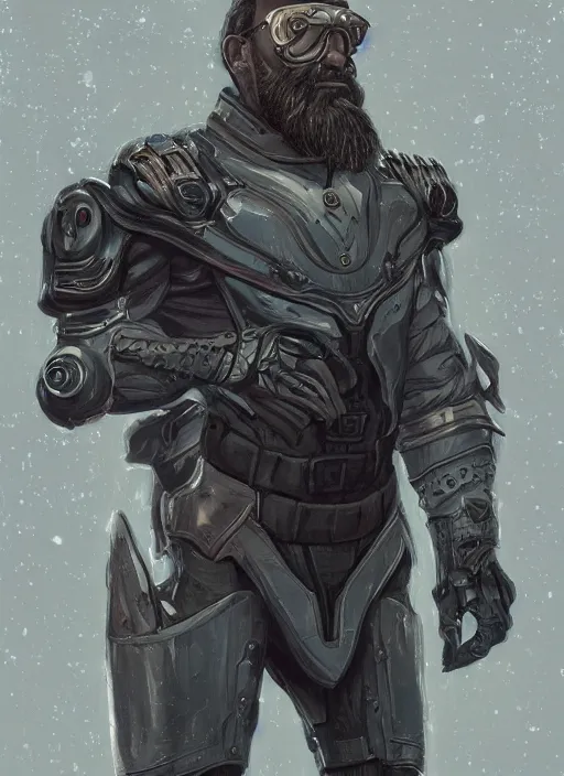 Image similar to Portrait of John Brown from Torrington with a long beard wearing futuristic power armor, fantasy, intricate, highly detailed, digital painting, trending on artstation, sharp focus, illustration, style of Stanley Artgerm and Dan Mumford