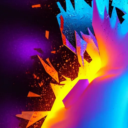 Image similar to 3D statue!!!, purple shattered paint!, glowing lava!!!, conglomerate!, slush!!, organized composition!, abstract!, black backdrop!, 4k!, award-winning photo!!!!