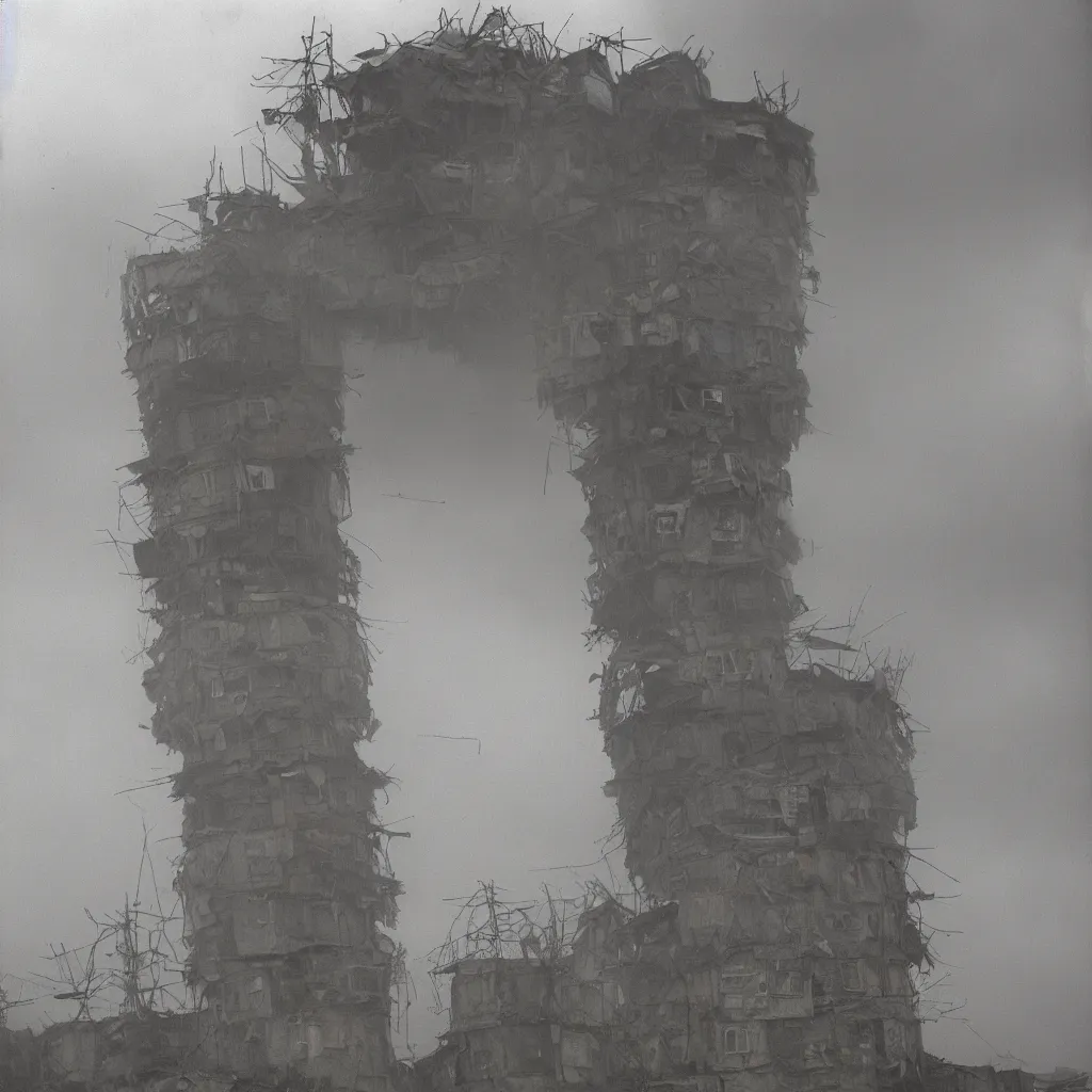 Prompt: close - up view of a tower made up of makeshift squatter shacks with faded colours, moody cloudy sky, uneven fog, dystopia, mamiya, fully frontal view, very detailed, photographed by bruno barbey