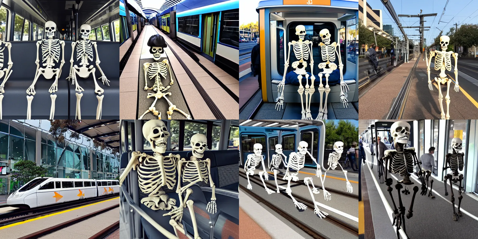 Prompt: skeletons riding light rail