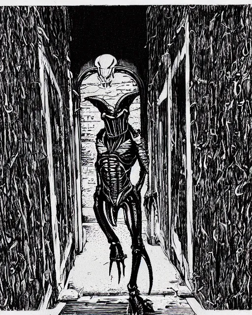 Image similar to an illustration of a xenomorph, full body, prowling in a dungeon corridor, pen-and-ink illustration, etching, by Russ Nicholson, DAvid A Trampier, larry elmore, 1981, HQ scan, intricate details