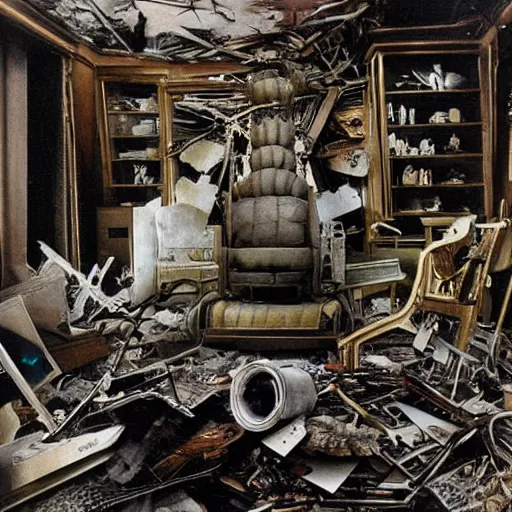 Image similar to unnerving ivory, clockpunk by h. r. ( hans ruedi ) giger. a body art of a room that is wrecked, furniture overturned, belongings strewn about, & debris everywhere. the only thing left intact is a photograph on the wall shows a tidy, well - appointed space, with everything in its place.