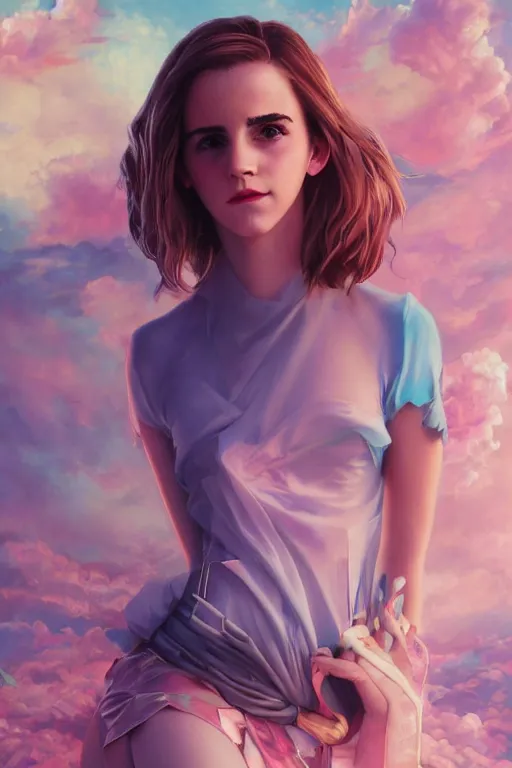 Image similar to emma watson portrait of a vaporwave girl in a cluttered 9 0 s bedroom, by artgerm, tom bagshaw, gerald brom, vaporwave!, vaporwave colors!, lo fi colors, lo fi, 4 k, hd,