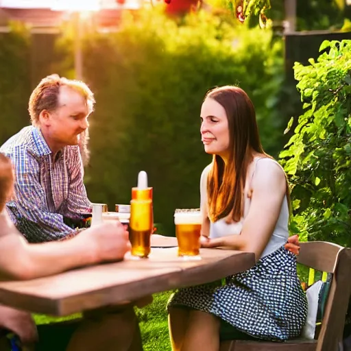 Image similar to an english pub garden at golden hour, people are drinking pints of lager and smoking cigarettes