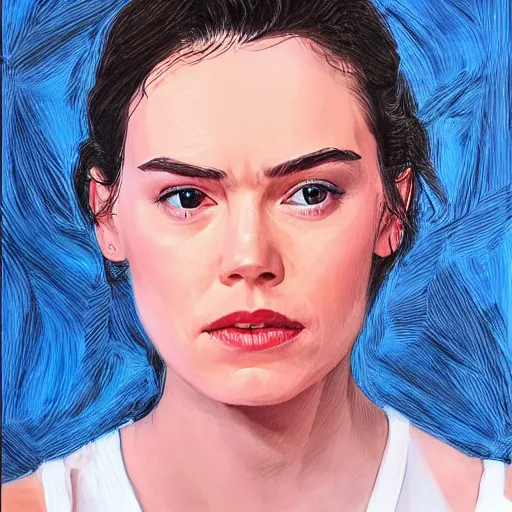 Image similar to frowning daisy ridley, head and shoulders portrait, extremely detailed masterpiece, one single continues line.