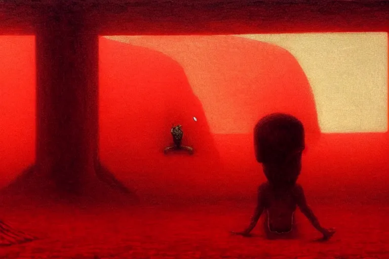 Image similar to only with red, a red shinigami eat apple, a city on mars in background, an ancient path, pathos, in the style of beksinski, part by hopper, part by rodcenko, part by hofbauer, intricate composition, red by caravaggio, insanely quality, highly detailed, masterpiece, red light, artstation