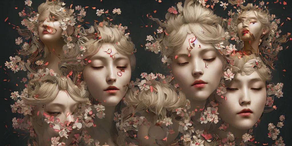 Image similar to breathtaking detailed concept art painting kaleidoscope art deco pattern of blonde faces goddesses amalmation flowers, by hsiao - ron cheng, bizarre compositions, exquisite detail, extremely moody lighting, 8 k