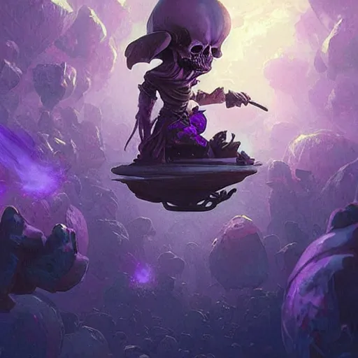 Prompt: floating skulls, violet theme, epic fantasy digital art style, fantasy artwork, by Greg Rutkowski, fantasy hearthstone card art style