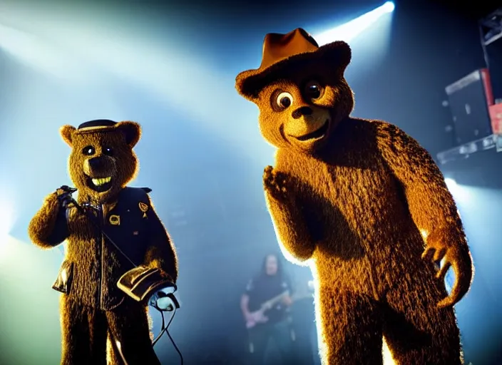 Image similar to publicity photo still of smokey the bear on tour with korn live on stage, 8 k, live concert lighting, mid shot