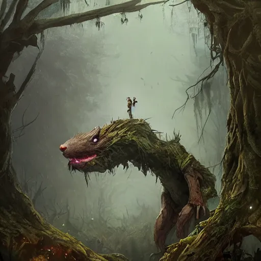 Image similar to a rat creature, in the shape of a ent, in a corrupted forest, by greg rutkowski, trending on art station, highly detailed, magic the gathering, matte painting