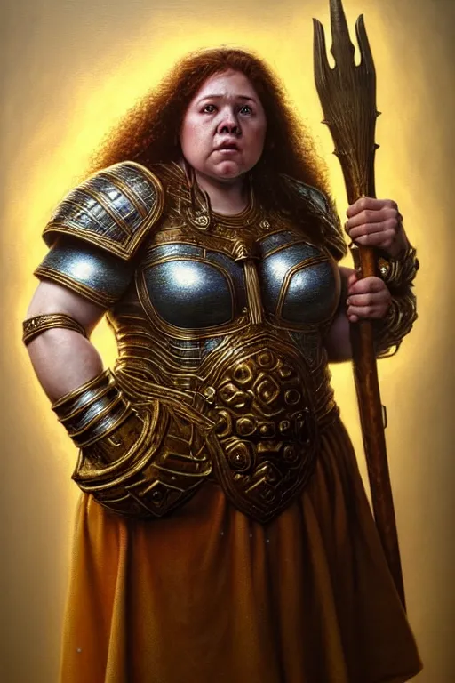 Image similar to hyperrealistic mixed media painting of a female dwarven cleric, chubby short stature, d&d, full body, stunning 3d render inspired art by P. Craig Russell and Barry Windsor-Smith + perfect facial symmetry + dim volumetric lighting, 8k octane beautifully detailed render, post-processing, extremely hyperdetailed, intricate, epic composition, grim yet sparkling atmosphere, cinematic lighting + masterpiece, trending on artstation, very very detailed, masterpiece, stunning