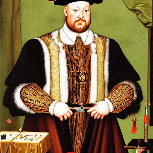 Image similar to king henry viii building a computer pc from scratch with a screwdriver and electronics, funny anachronism, wearing a crown and royal robes, 17th century detailed oil painting