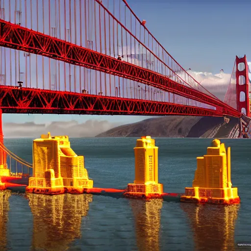Image similar to the golden gate bridge made of fried eggs by greg rutkowski and frank lloyd wright