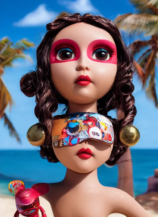 Image similar to closeup profile portrait of tin toy bikini girl surf sand, depth of field, zeiss lens, detailed, symmetrical, centered, fashion photoshoot, by nicoletta ceccoli, mark ryden, lostfish, breathtaking, 8 k resolution, extremely detailed, beautiful, establishing shot, artistic, hyperrealistic, octane render