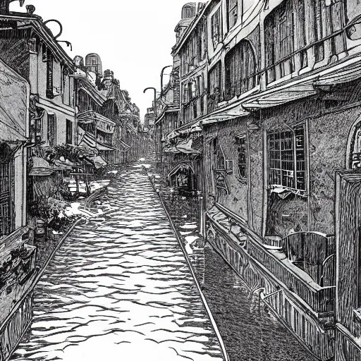 Image similar to water flowing through the streets in an old city, drawing by moebius