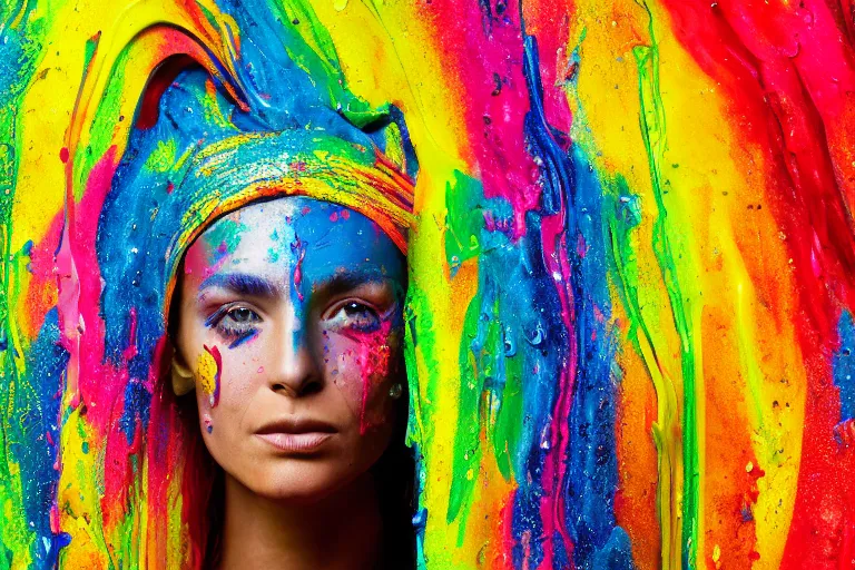 Image similar to a highly detailed cinematic headshot portrait photograph of a woman with a liquid paint headdress, with rainbow paint splash, melting smoothly into other faces, liquid, ultra realistic, beautiful rim lighting, by richard avedon and annie leibovitz and arnold newman, photorealistic, hyperrealistic, octane, high speed camera, zeiss lens, sharp focus, paint splash