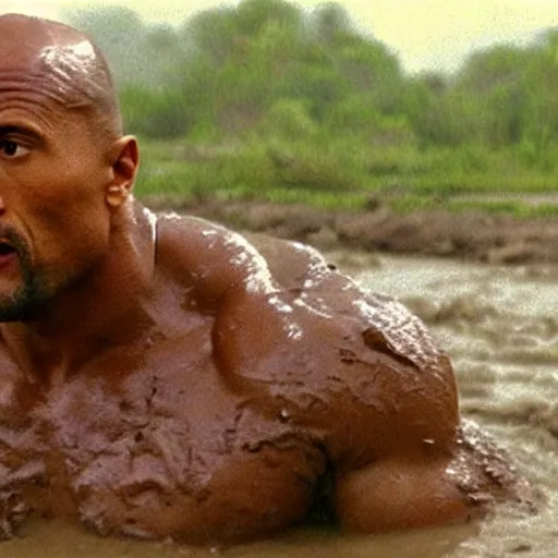 Prompt: film still, close up, dwayne johnson rising out of muddy vietnam river, face covered in mud, low camera angle at water level, night time, film still from apocalypse now ( 1 9 7 9 ), 2 6 mm