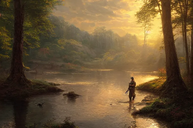 Prompt: A highly detailed 4K fantasy matte painting of a heavily armored medieval guard standing on a river bank in a forest during the golden hour in summer, volumetric sun rays and dust, water reflection, Thomas Kinkade, Greg Rutkowski, ArtStation, CGSociety, Unreal Engine