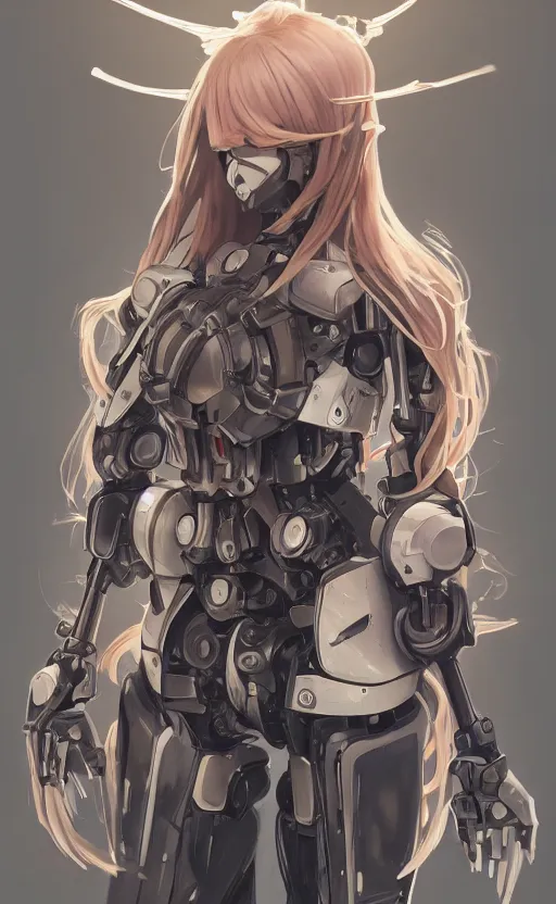 Prompt: girl, fused mecha robot parts, cyborg, vintage clothing, anime style, long hair, hair down, symmetrical facial features, from arknights, hyper realistic, 4 k, rule of thirds, extreme detail, detailed drawing, trending artstation, hd, d & d, realistic lighting, by alphonse mucha, greg rutkowski, sharp focus, backlit