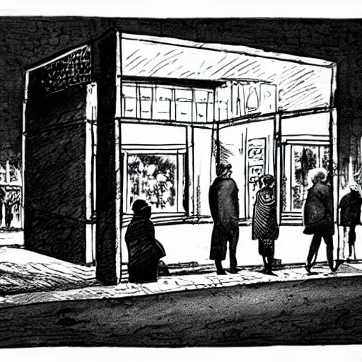 Image similar to a some people waiting in a lone bus stop in quiet dark city night, chiaroscuro ink pen european comics,high quality, high resolution,detailed