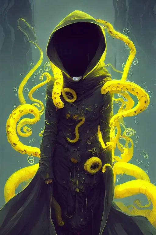 Image similar to A full body portrait of a mysterious character with no face with a very long yellow hooded cloak with tentacles coming out the bottom art by Maciej Kuciara and Jason Chan, ominous, cosmic horror, trending on artstation, Ultra detailed, hyper realistic 4k