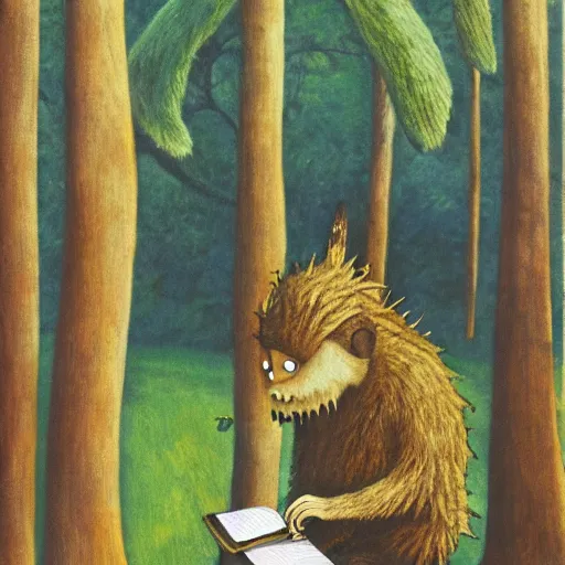 Image similar to monster reading a book in a forest, where the wild things are, bicycle nearby, oil on canvas, calm, maurice sendak