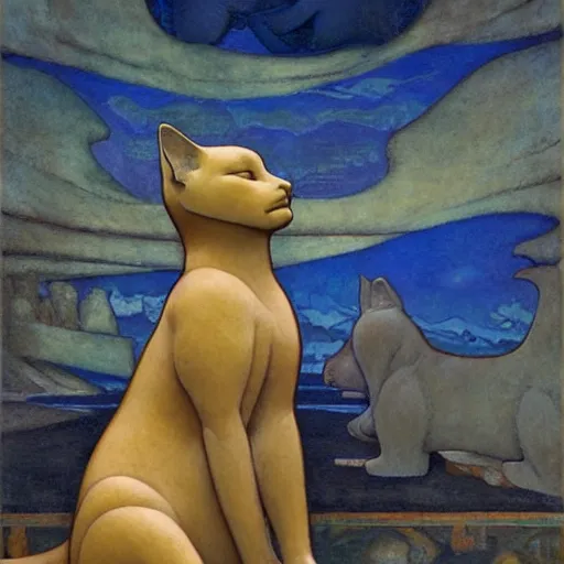 Image similar to polychrome cat sculpture from a lost civilization, by annie swynnerton and diego rivera and nicholas roerich and jean delville and charlie bowater, symbolist, dramatic lighting, god rays, art brut, rich colors, smooth sharp focus, extremely detailed, adolf wolfli and ( donato giancola and bilibin )