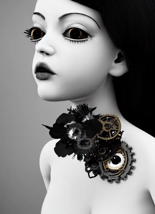 Prompt: black and white dreamy profile face portrait, one silver steampunk eye biomechanical beautiful angelic young female cyborg - robot - doll bust, body ribs meshes,, volumetric light, hibiscus flowers, rim light, big gothic fashion pearl embroidered collar, 1 9 3 0, 8 k