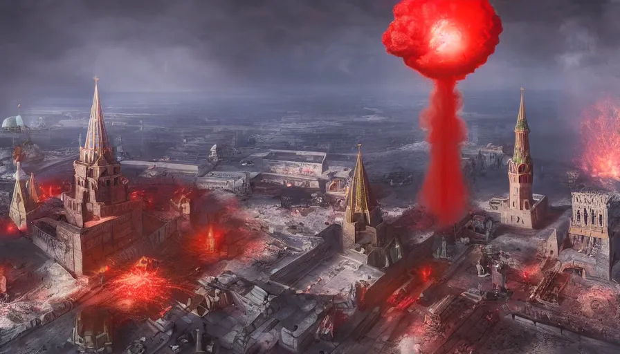 Image similar to a big nuclear explosion with realistic nuclear mushroom in Red Square Kremlin, cinematic, extremely high detail, photo realistic, cinematic lighting, post processed, concept art, artstation, matte painting, unreal engine 8k