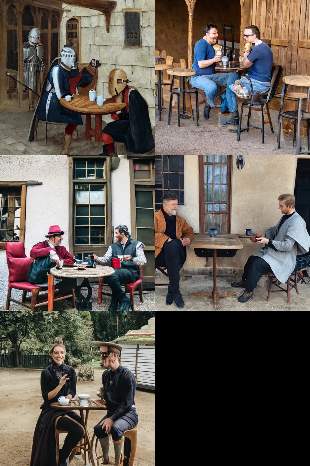 Prompt: Two knights having coffee in front of the stables