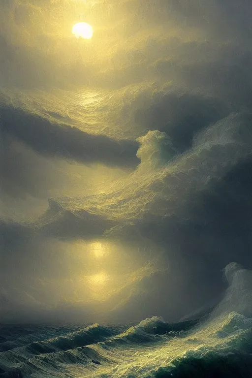 Image similar to Intricate stunning highly detailed water deity emerging from a stormy ocean by Ivan Aivazovsky, Greg Rutkowski , surreal, digital painting, ultra realistic, beautiful lighting, full moon, thick swirling tornado, artstation