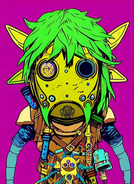 Image similar to biopunk majoras mask link from zelda!! portrait illustration, pop art, splash painting, art by geof darrow, ashley wood, alphonse mucha, makoto shinkai