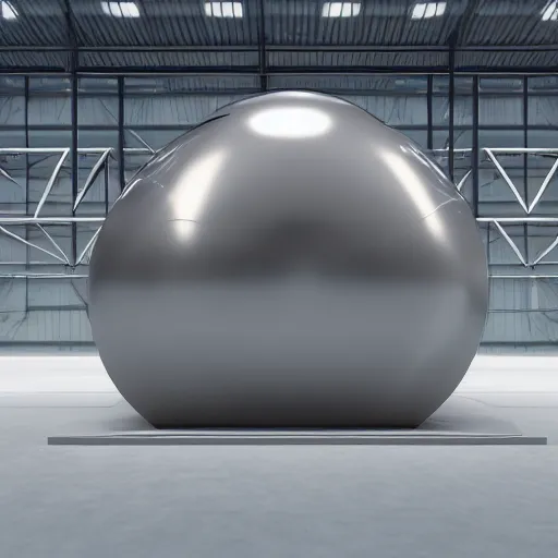 Image similar to big metallic capsule connected to pipelines, purpose is pump, standing in large industrial hall, designed by best engineers, raytracing, reflections