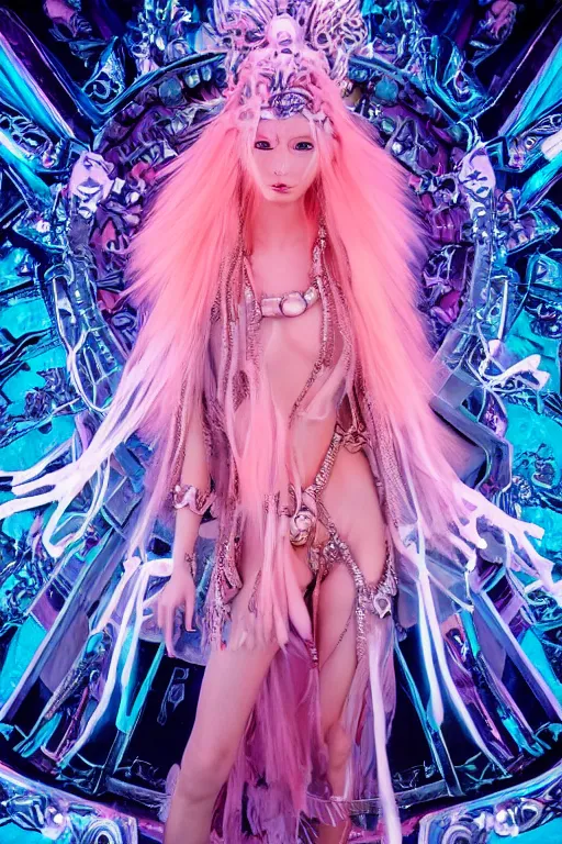 Image similar to photo of full-body baroque and cyberpunk delicate neon crystalline sculpture of ((beautiful feminie albino princess Latina)) as an onyx humanoid deity wearing ((peach plastic hooded cloak)) (holding an onyx skull) in a onyx aztec temple, reclining, glowing blue face, crown of (pink lasers), large blue diamonds, swirling black silk fabric. futuristic elements. oozing glowing liquid, full-length view. space robots. intricate artwork by caravaggio. Trending on artstation, octane render, cinematic lighting from the right, hyper realism, photorealistic, octane render, 8k, depth of field, 3D