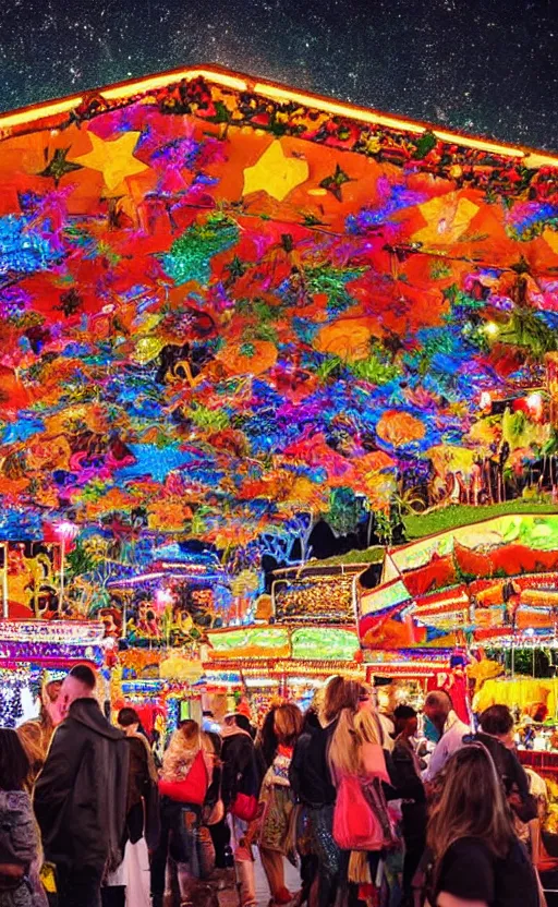 Prompt: super realistic, aesthetic, beautiful and colorful photo of a incredibly beautiful fair at a starry night