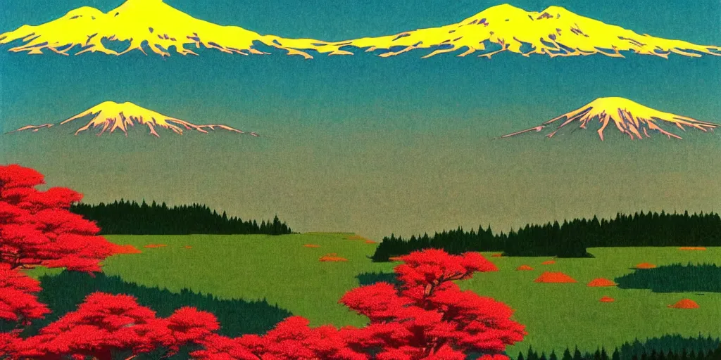 Image similar to seattle with mount rainier in the background, acid and dreaming psychedelic hallucinations, by kawase hasui, moebius and edward hopper, colorful flat surreal design, hd, 8 k, artstation