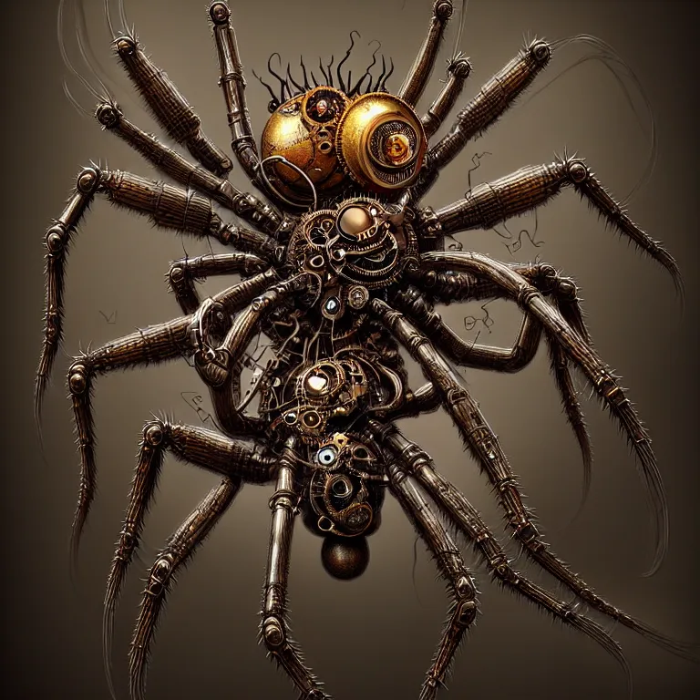 Image similar to steampunk spider, biomechanical, very coherent symmetrical artwork, cinematic, 3 d model, unreal engine realistic render, 8 k, micro detail, intricate, elegant, highly detailed, centered, digital painting, smooth, sharp focus, illustration, artgerm, tomasz alen kopera, by wlop