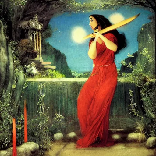 Prompt: A Latin sorceress playing the harp in an enchanted Zen garden, by Arnold Böcklin and Tang Sin Yun, breathtaking digital 2d cover art