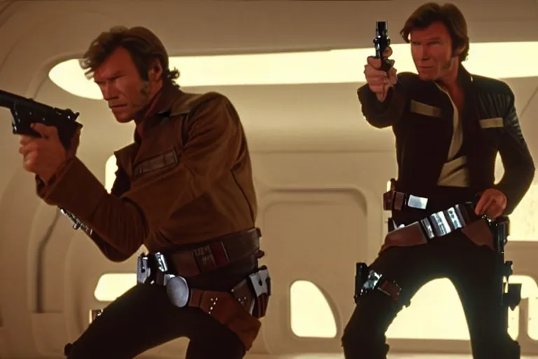 Prompt: film still of clint eastwood man with no name as han solo aiming a gun in new star wars, inside a tavern, 4 k