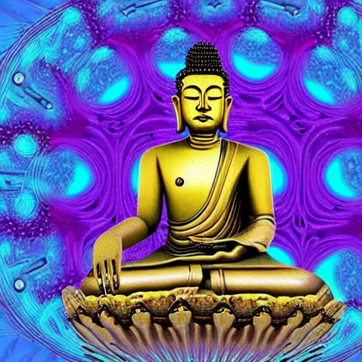 Prompt: robotic lifeform buddha meditating in front of a beautiful fractal neural network :: photo-realistic