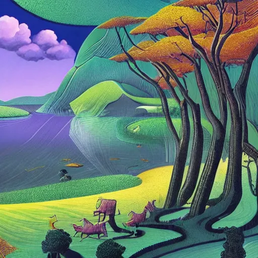 Prompt: A beautiful computer art of a landscape. It is a stylized and colorful view of an idyllic, dreamlike world with rolling hills, peaceful looking animals, and a flowing river. The scene looks like it could be from another planet, or perhaps a fairy tale. by Joe Shuster amorphous, angular