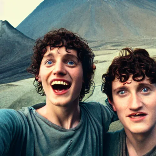 Image similar to frodo and sam take a selfie at mount doom, cinestill colour, anamorphic